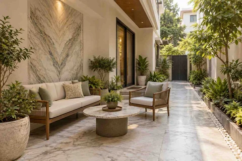 AI-generated outdoor concept: side-court family patio, marble restraint direction