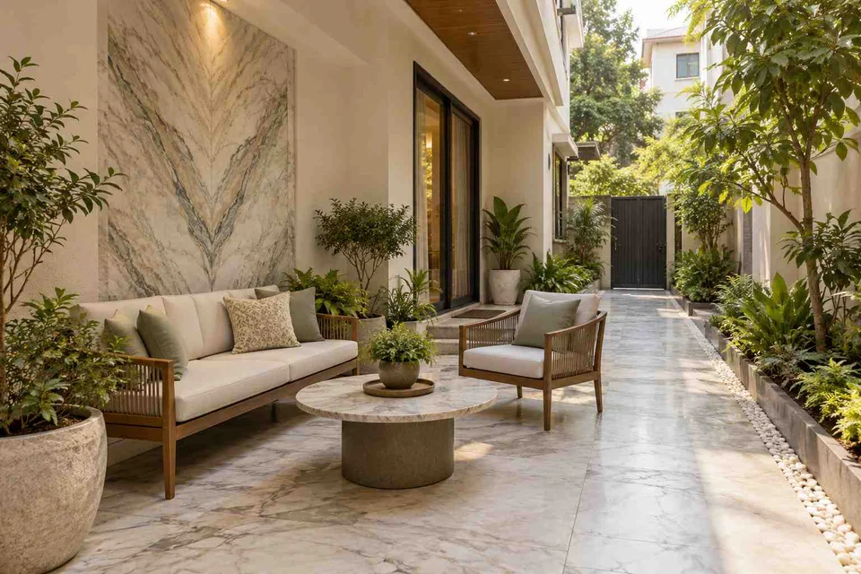 AI-generated outdoor concept: side-court family patio, marble restraint direction