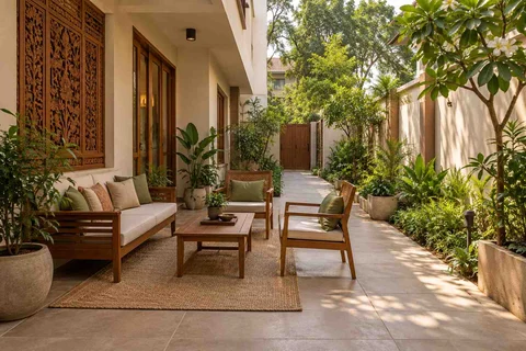 AI-generated outdoor concept: side-court family patio, modern carved direction