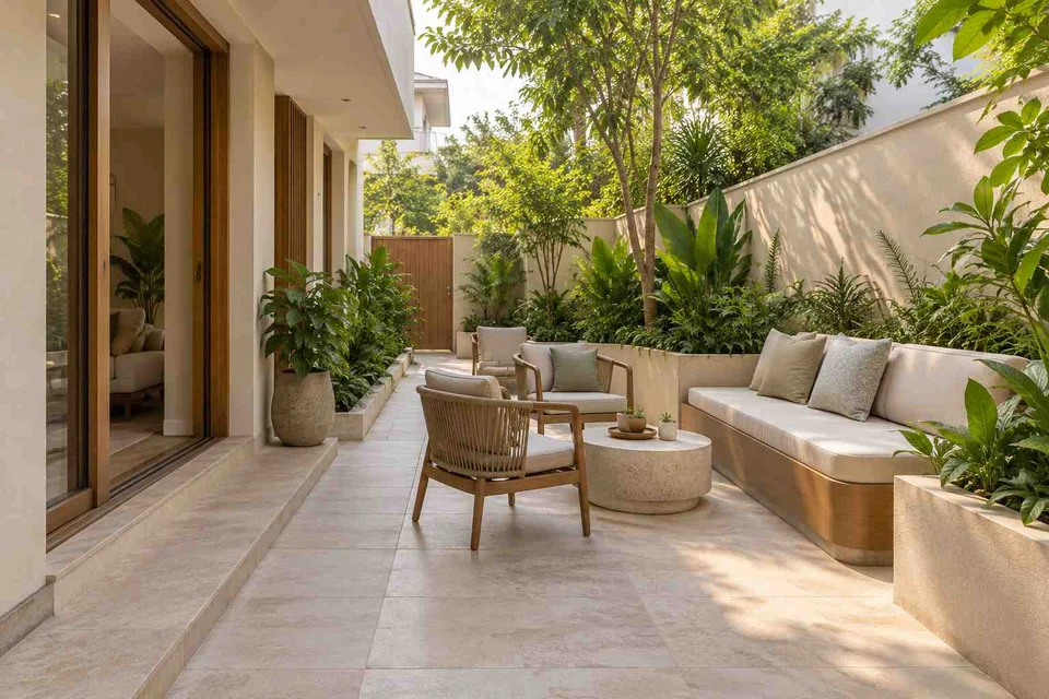 AI-generated outdoor concept: side-court family patio, quiet contemporary direction