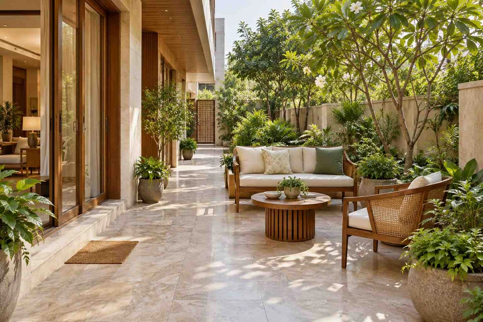 AI-generated outdoor concept: side-court family patio, quiet transitional direction