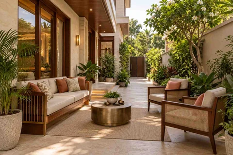 AI-generated outdoor concept: side-court family patio, rosewood brass direction
