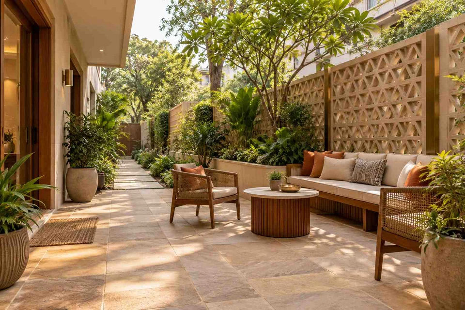 AI-generated outdoor concept: side-court family patio, sandstone lattice direction