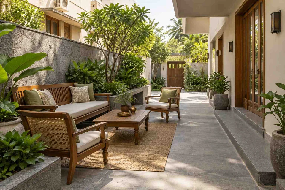 AI-generated outdoor concept: side-court family patio, teak craft direction
