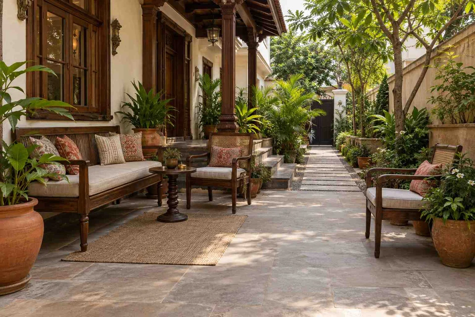 AI-generated outdoor concept: side-court family patio, terracotta heritage direction