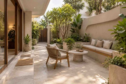 AI-generated outdoor concept: side-court family patio, textured mineral direction