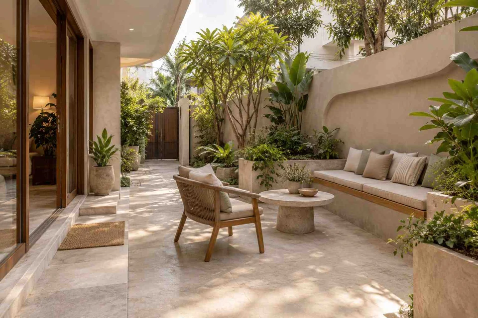 AI-generated outdoor concept: side-court family patio, textured mineral direction