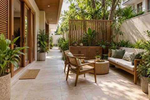 AI-generated outdoor concept: side-court family patio, tropical slatted direction