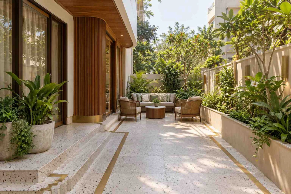 AI-generated outdoor concept: side-court family patio, urban deco direction