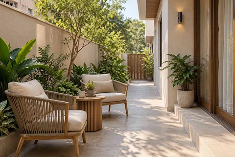 AI-generated outdoor concept: side-yard tea nook, ash and linen direction