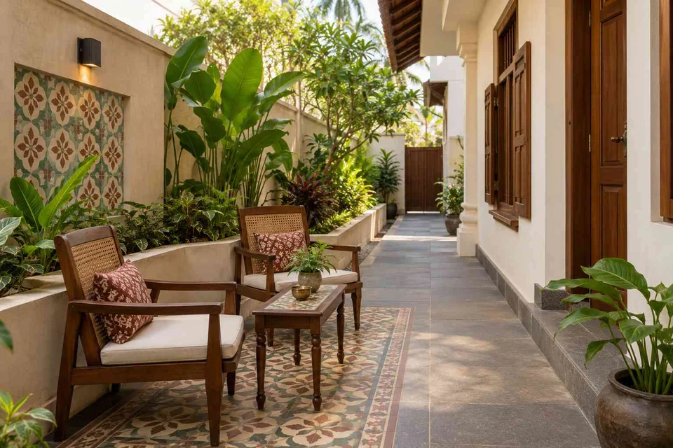 AI-generated outdoor concept: side-yard tea nook, chettinad tile direction