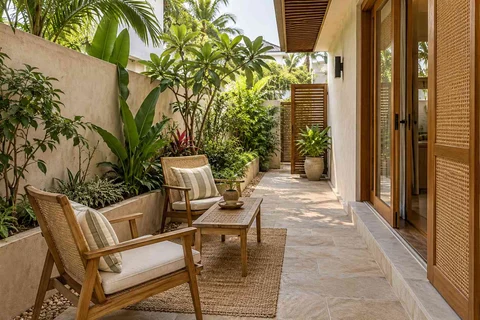 AI-generated outdoor concept: side-yard tea nook, coastal woven direction