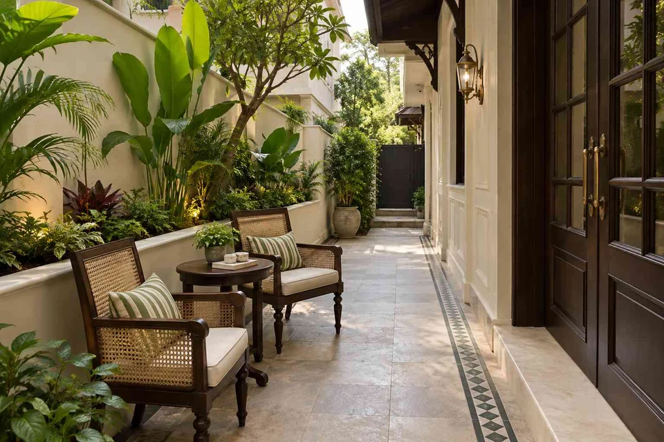 AI-generated outdoor concept: side-yard tea nook, colonial quiet direction