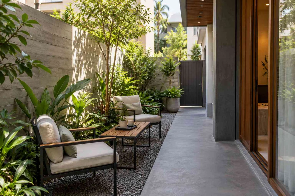 AI-generated outdoor concept: side-yard tea nook, concrete and oak direction