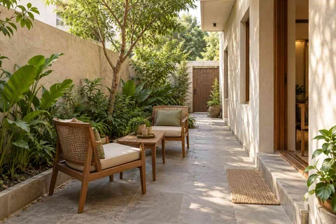 AI-generated outdoor concept: side-yard tea nook, courtyard modern direction
