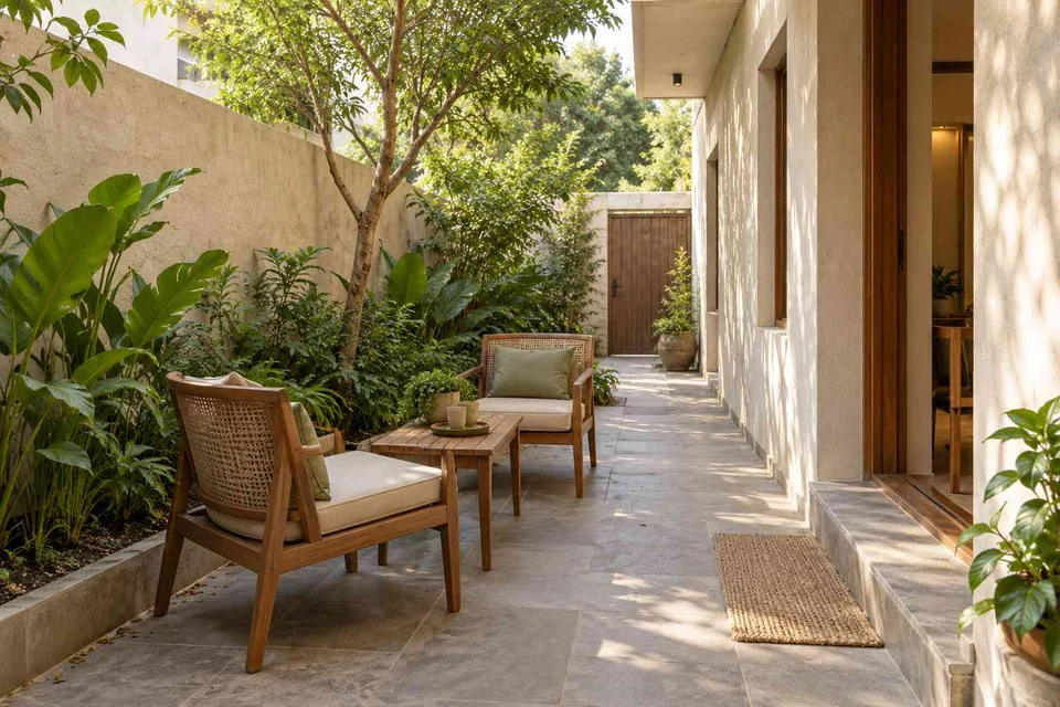AI-generated outdoor concept: side-yard tea nook, courtyard modern direction