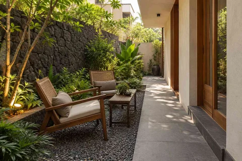 AI-generated outdoor concept: side-yard tea nook, deccan stone direction