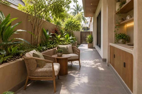 AI-generated outdoor concept: side-yard tea nook, earth and bamboo direction