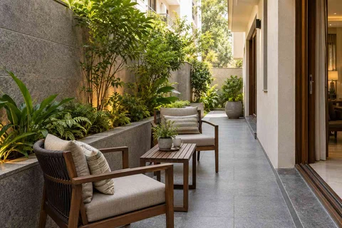 AI-generated outdoor concept: side-yard tea nook, granite precision direction