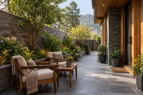 AI-generated outdoor concept: side-yard tea nook, hill timber direction