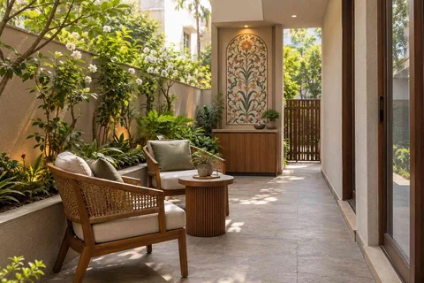 AI-generated outdoor concept: side-yard tea nook, inlay atelier direction