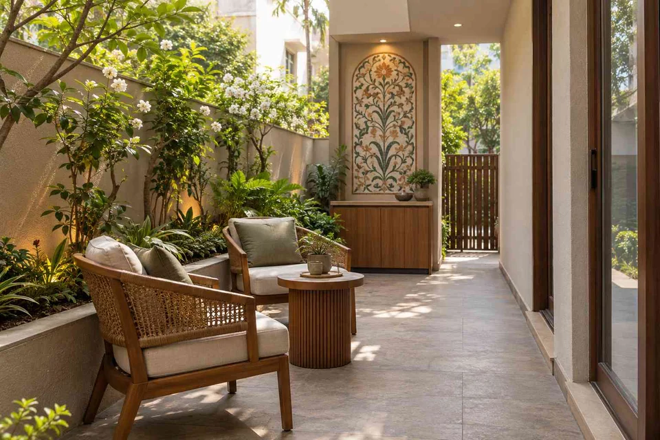 AI-generated outdoor concept: side-yard tea nook, inlay atelier direction