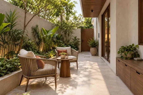 AI-generated outdoor concept: side-yard tea nook, lime and walnut direction