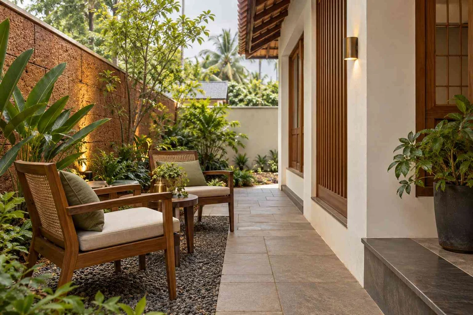 AI-generated outdoor concept: side-yard tea nook, malabar timber direction