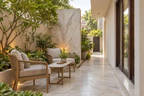 AI-generated outdoor concept: side-yard tea nook, marble restraint direction