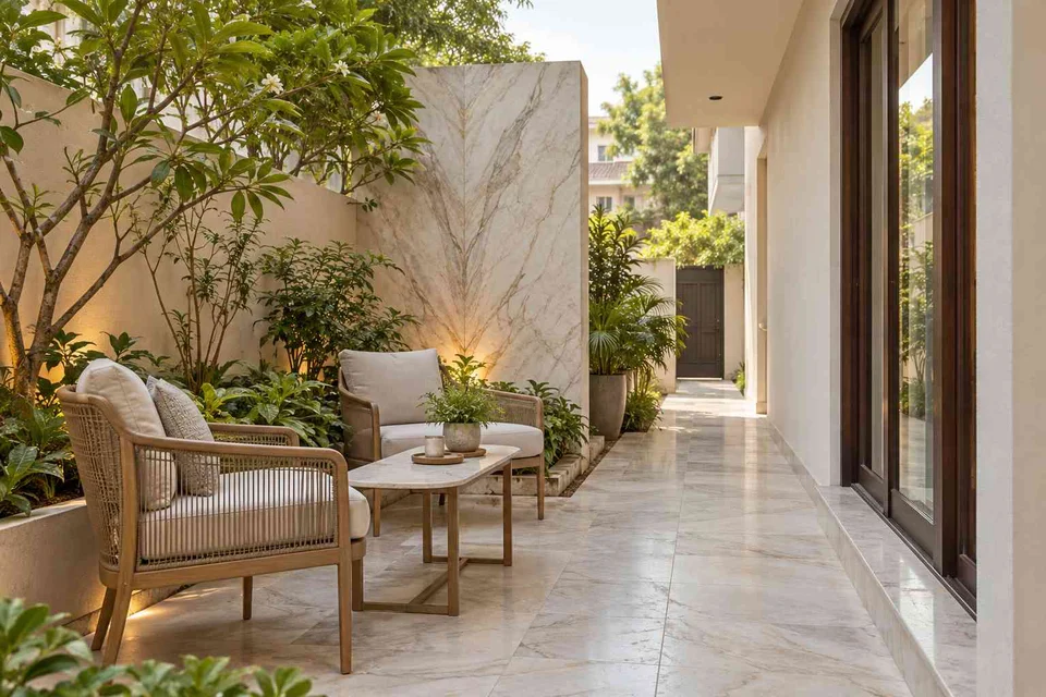 AI-generated outdoor concept: side-yard tea nook, marble restraint direction
