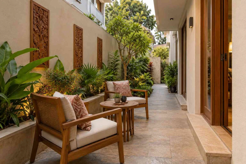 AI-generated outdoor concept: side-yard tea nook, modern carved direction