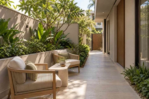 AI-generated outdoor concept: side-yard tea nook, quiet contemporary direction