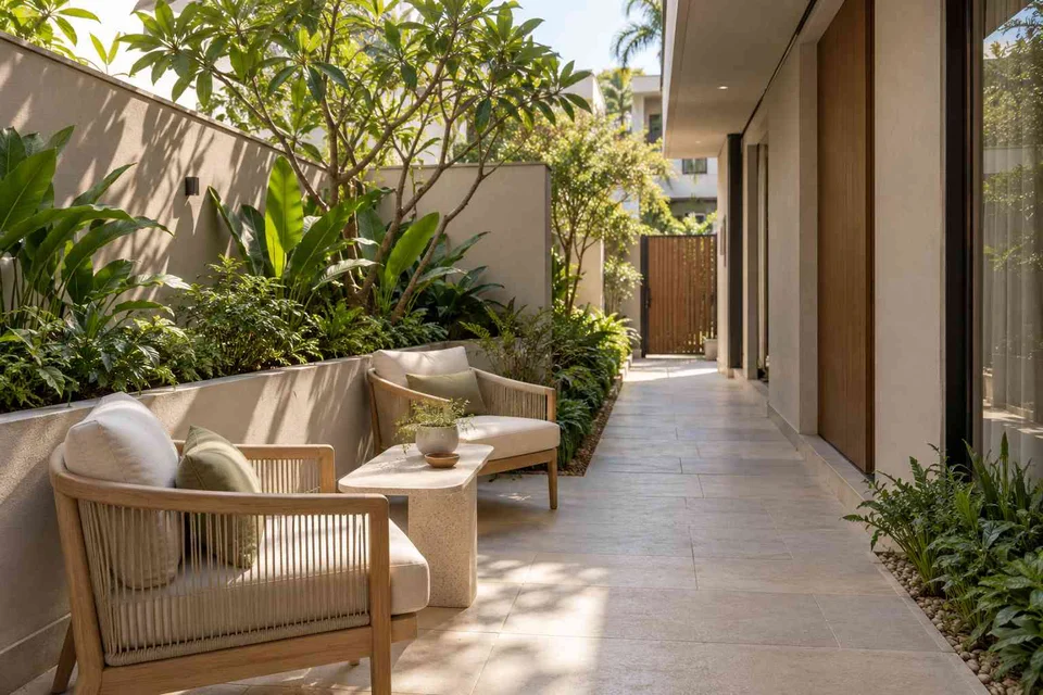 AI-generated outdoor concept: side-yard tea nook, quiet contemporary direction