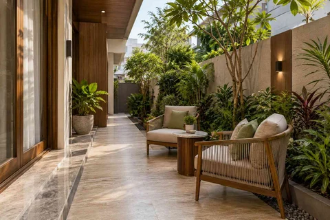 AI-generated outdoor concept: side-yard tea nook, quiet transitional direction