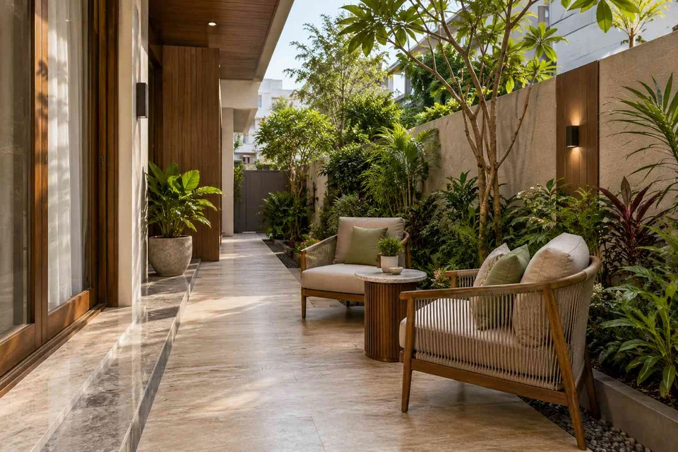 AI-generated outdoor concept: side-yard tea nook, quiet transitional direction