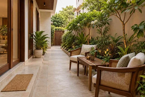 AI-generated outdoor concept: side-yard tea nook, rosewood brass direction
