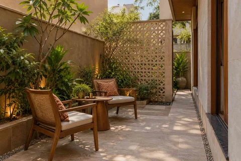 AI-generated outdoor concept: side-yard tea nook, sandstone lattice direction