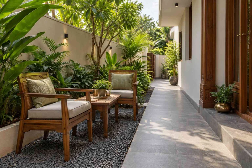 AI-generated outdoor concept: side-yard tea nook, teak craft direction
