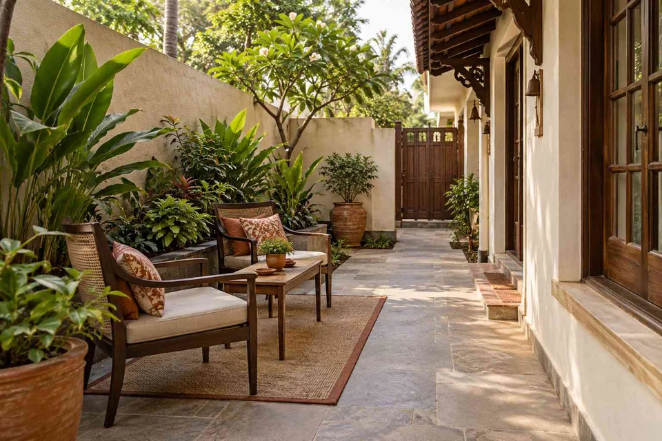 AI-generated outdoor concept: side-yard tea nook, terracotta heritage direction