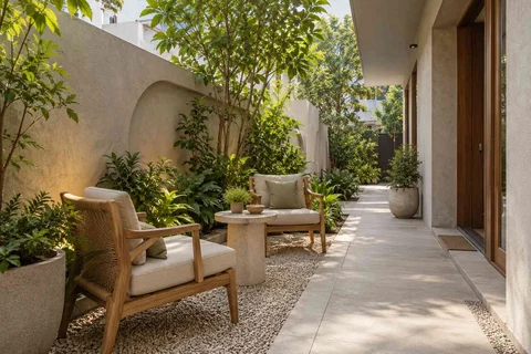 AI-generated outdoor concept: side-yard tea nook, textured mineral direction