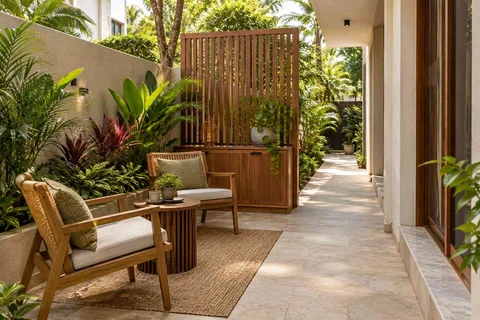 AI-generated outdoor concept: side-yard tea nook, tropical slatted direction