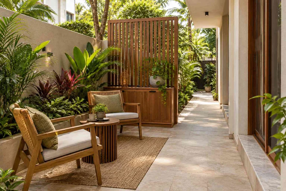 AI-generated outdoor concept: side-yard tea nook, tropical slatted direction