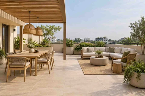 AI-generated outdoor concept: terrace dining and lounge, ash and linen direction