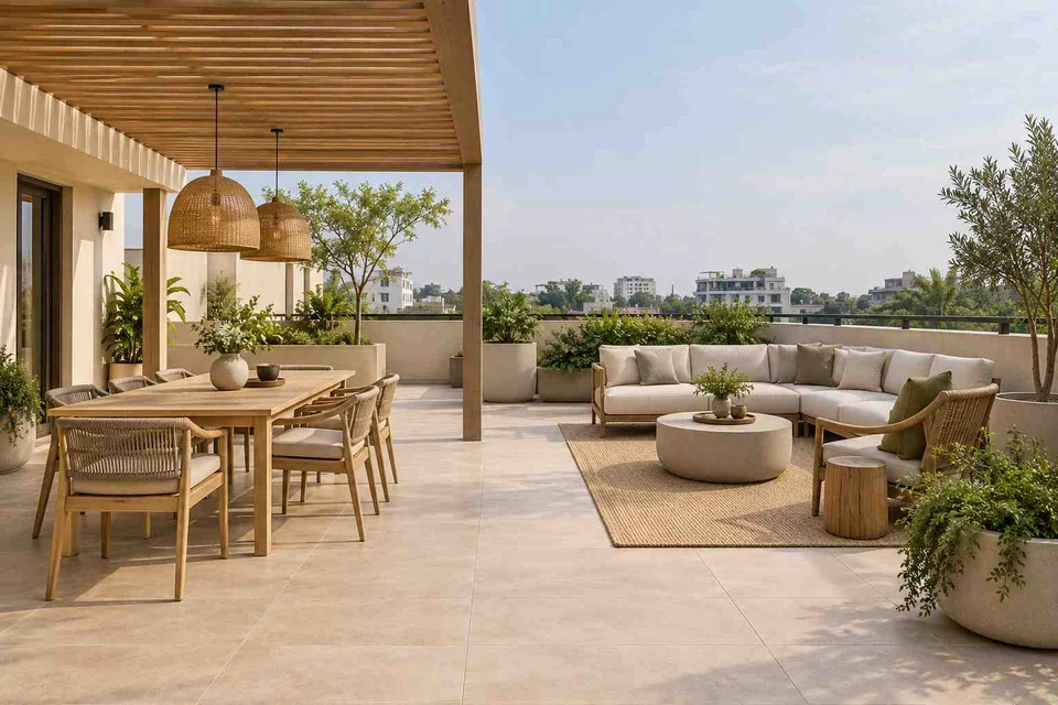 AI-generated outdoor concept: terrace dining and lounge, ash and linen direction