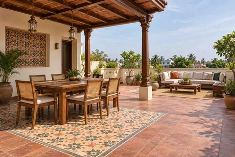 AI-generated outdoor concept: terrace dining and lounge, chettinad tile direction
