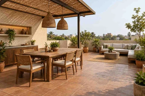 AI-generated outdoor concept: terrace dining and lounge, clay artisan direction