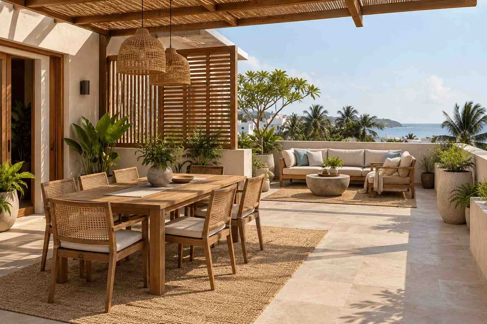 AI-generated outdoor concept: terrace dining and lounge, coastal woven direction