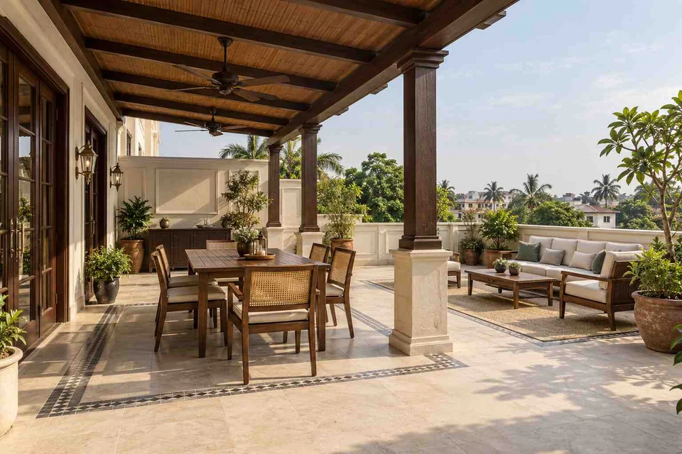 AI-generated outdoor concept: terrace dining and lounge, colonial quiet direction