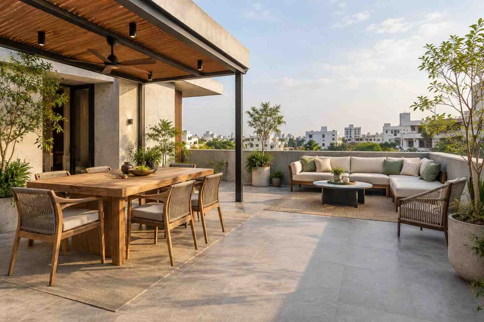 AI-generated outdoor concept: terrace dining and lounge, concrete and oak direction