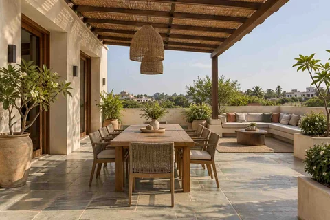 AI-generated outdoor concept: terrace dining and lounge, courtyard modern direction